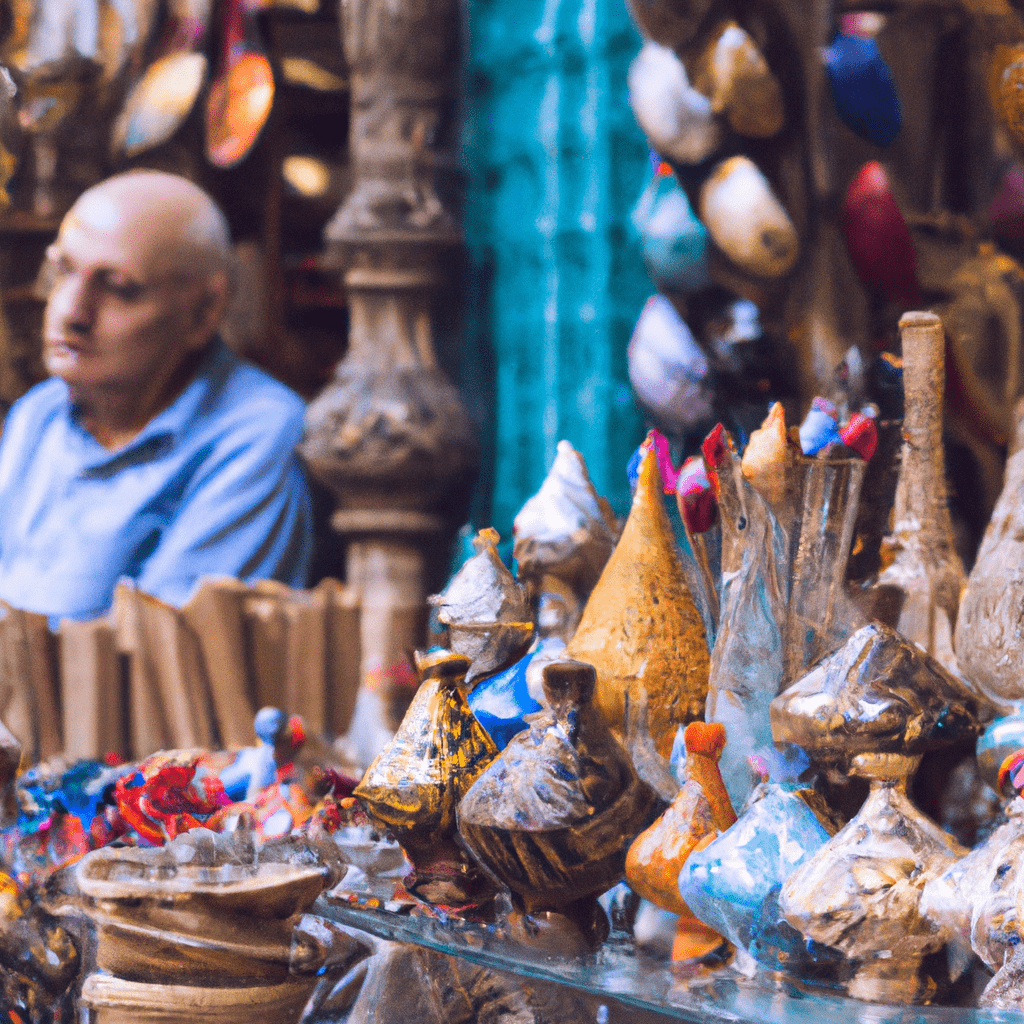 Colorful pottery displayed with a man in background.