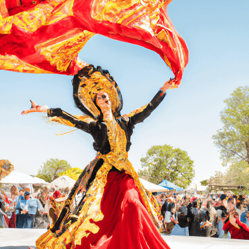 Dancer in vibrant costume with flowing red fabric