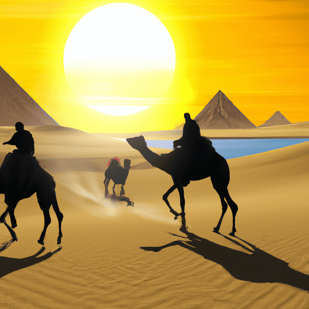 Silhouetted riders on camels in a desert sunset.
