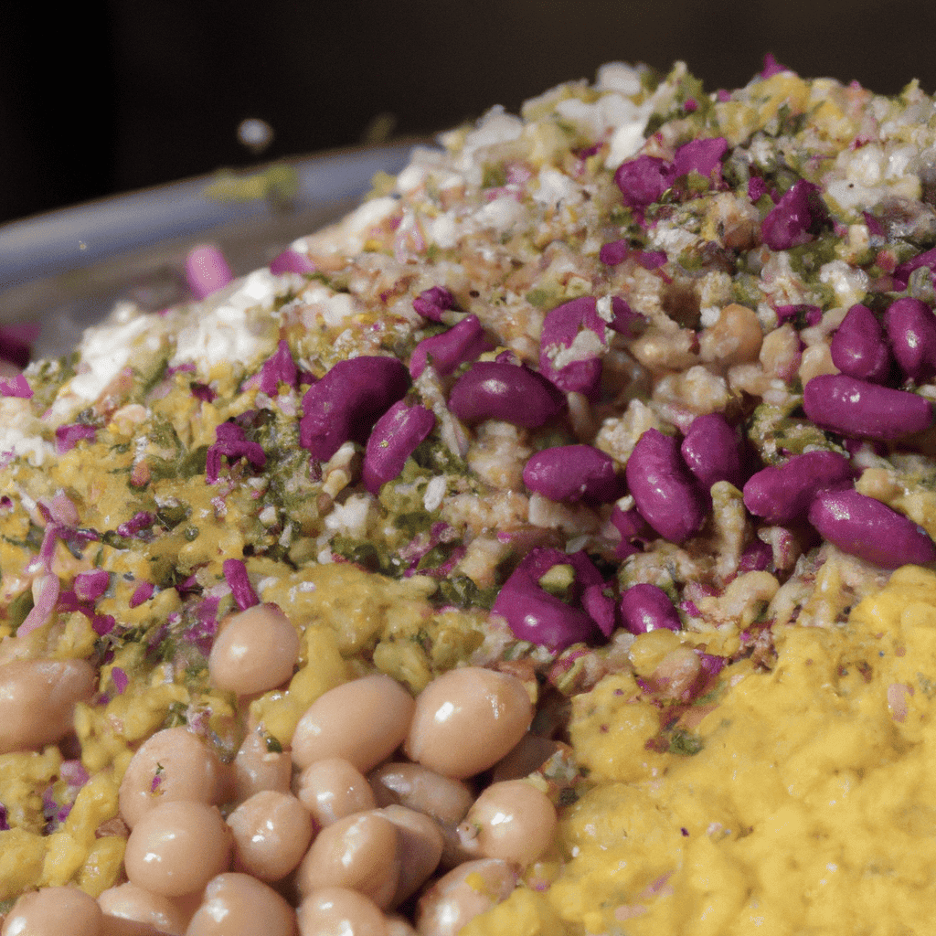 Colorful bean dish topped with herbs and spices.