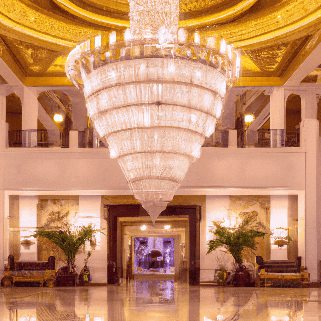Elegant chandelier in luxurious hotel lobby.