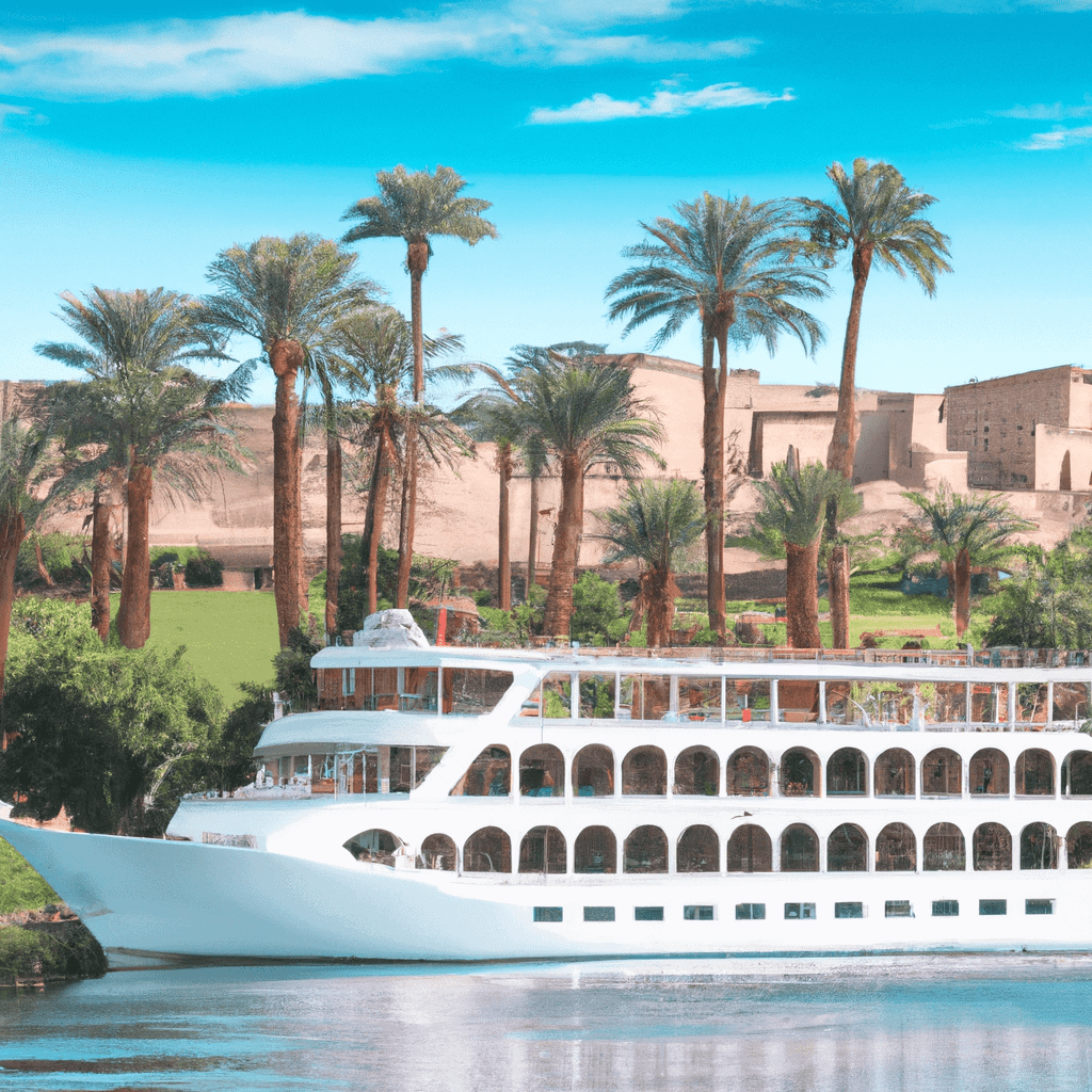 Luxury cruise ship near palm trees and ancient structures.