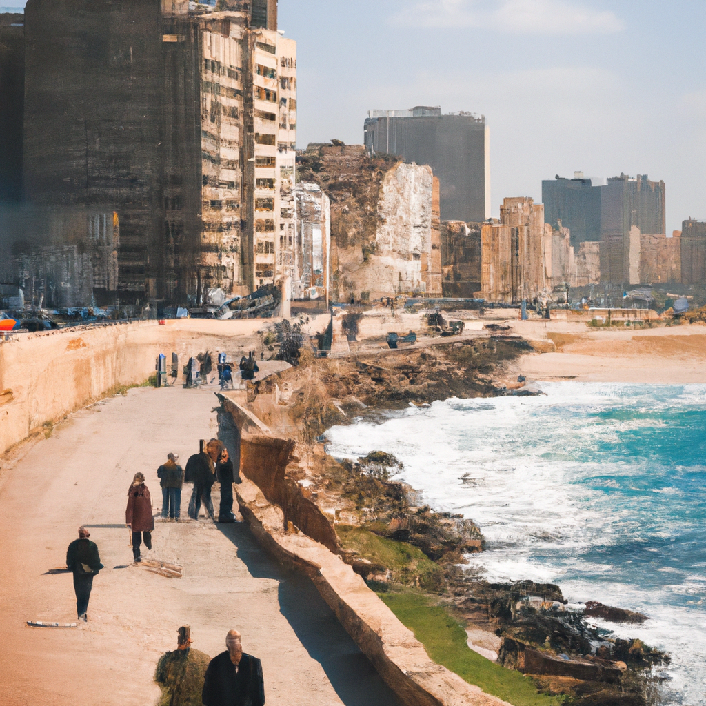 Seaside walkway with people and city backdrop.