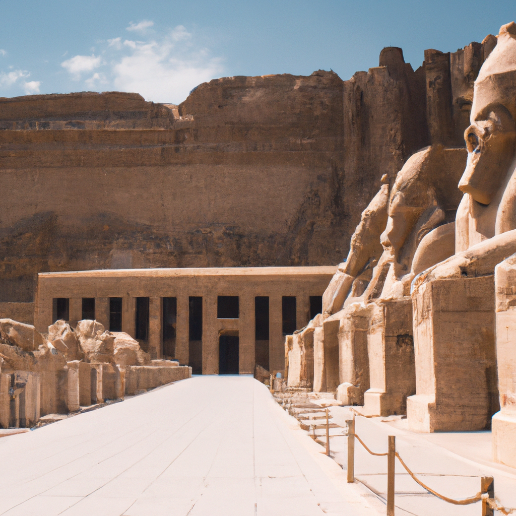 Ancient Egyptian temple with statues and cliffs.