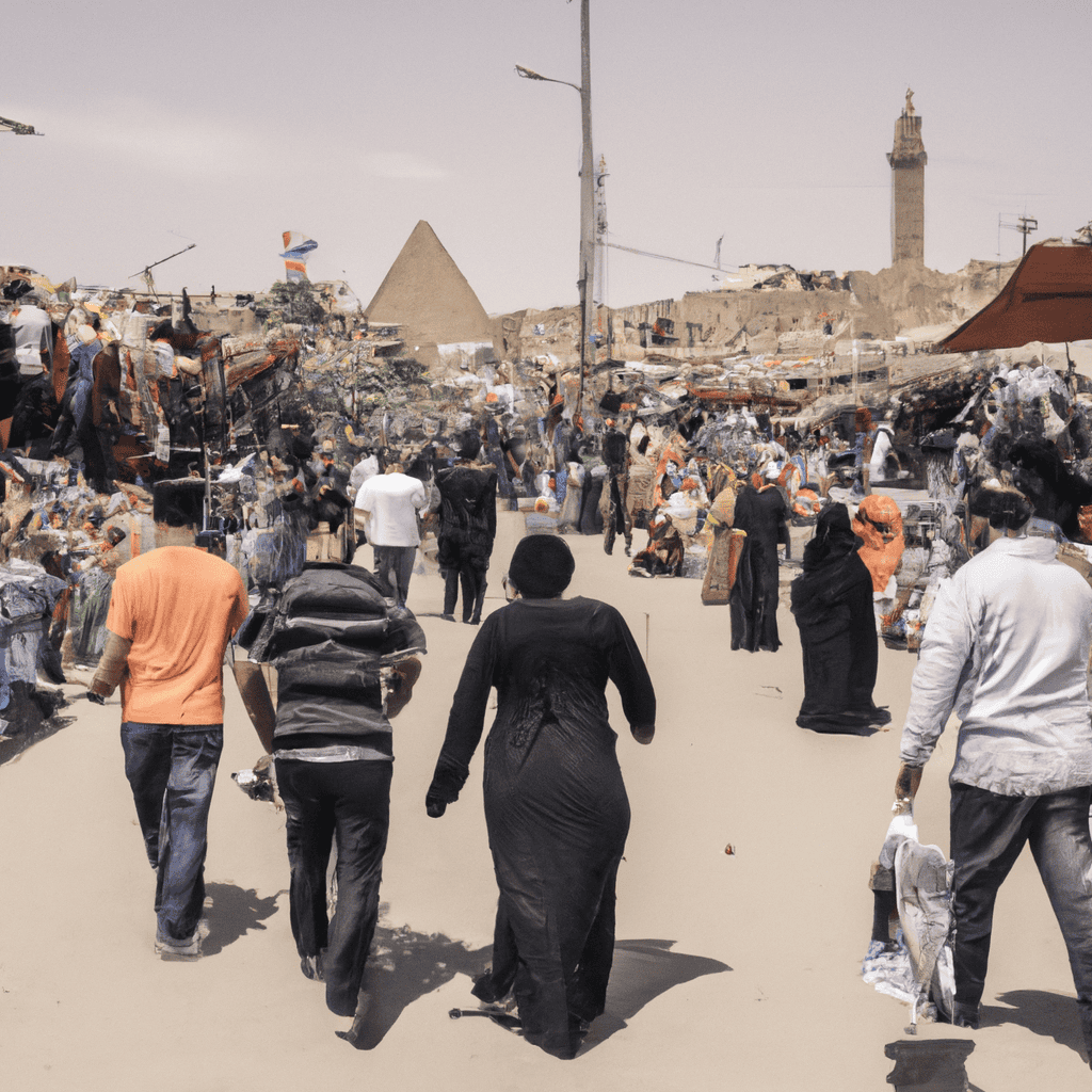 Busy market scene with people and pyramids in background.