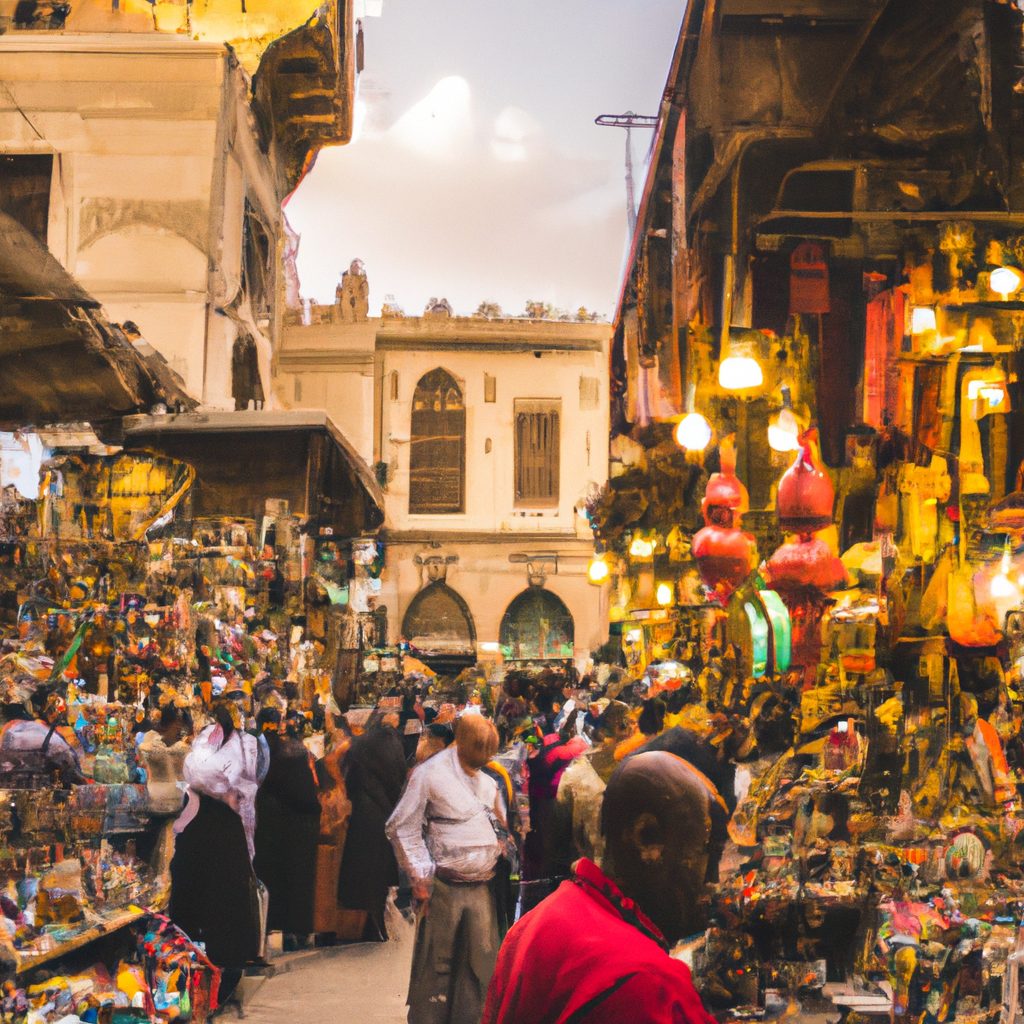 Vibrant market scene bustling with diverse shoppers.