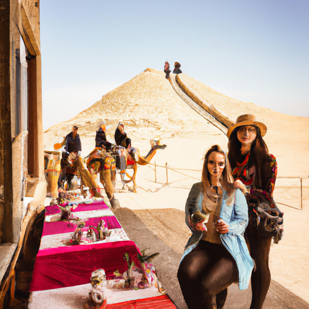 Two women enjoying a desert scene with camels.