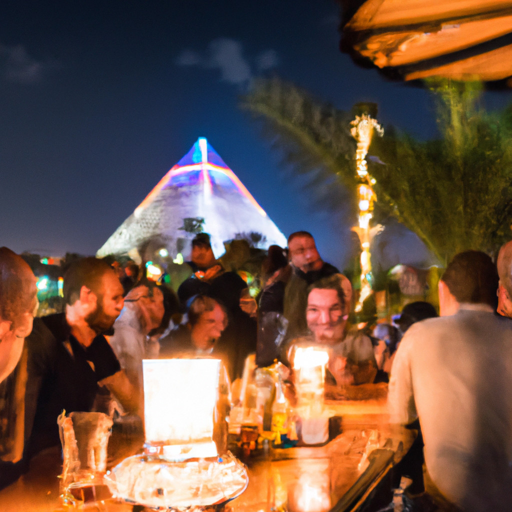 Crowded bar scene with illuminated pyramid backdrop at night.