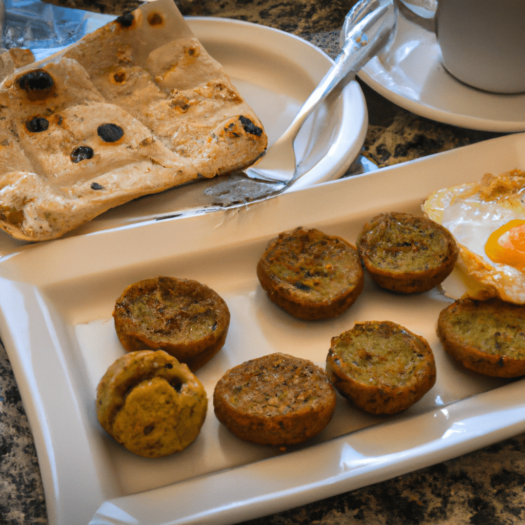 Plate with breakfast food: eggs, pancakes, and sausages.