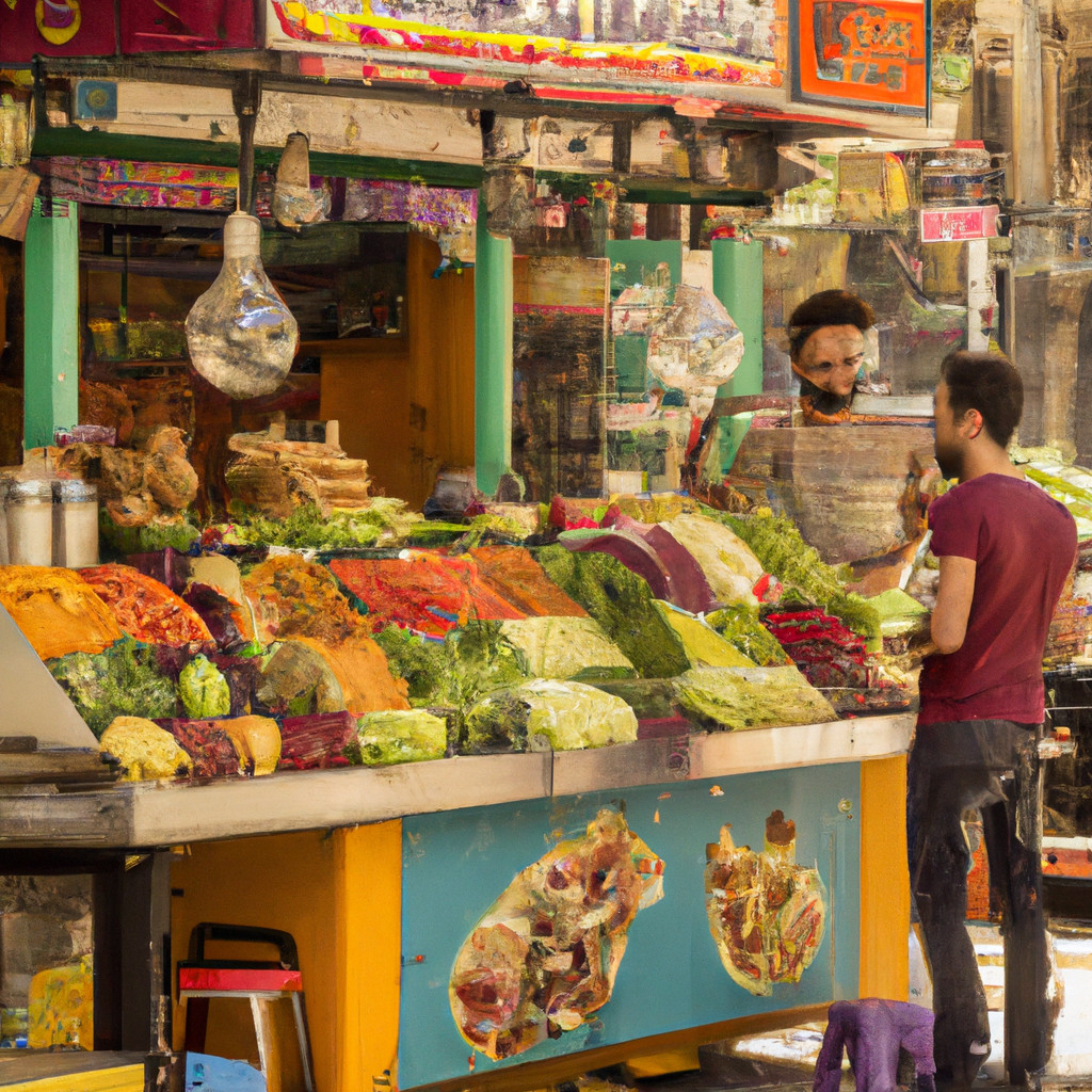 Vibrant market scene with fresh vegetables and customers.