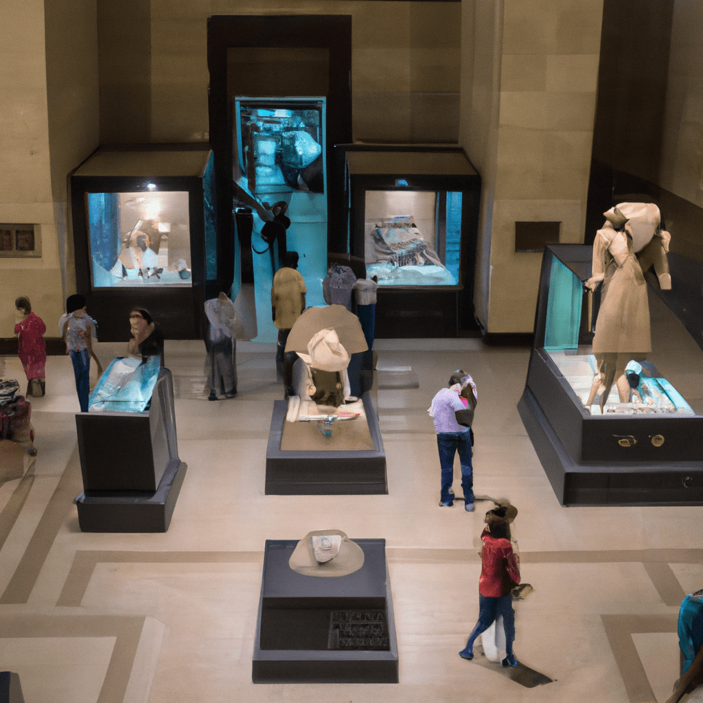 Visitors exploring an exhibit in a museum.