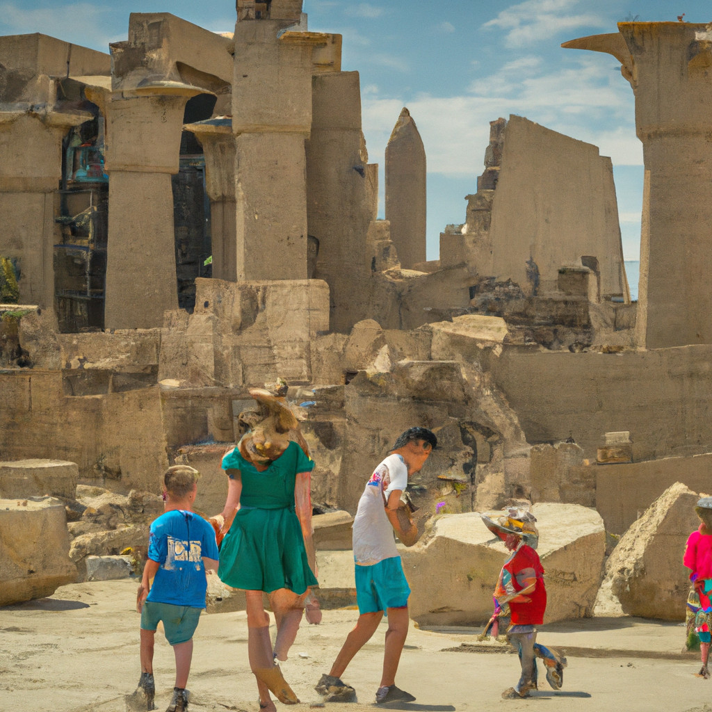 Children exploring ancient ruins in bright clothing.