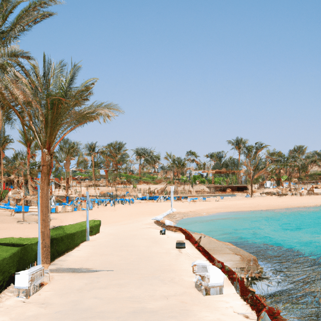Sunny beach with palm trees and lounge chairs