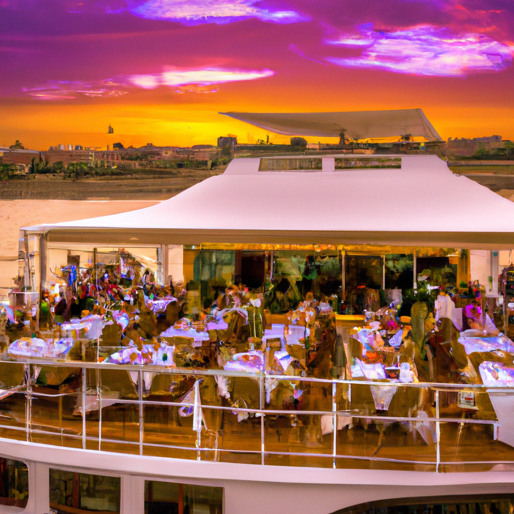 Elegant dining on a yacht during sunset.