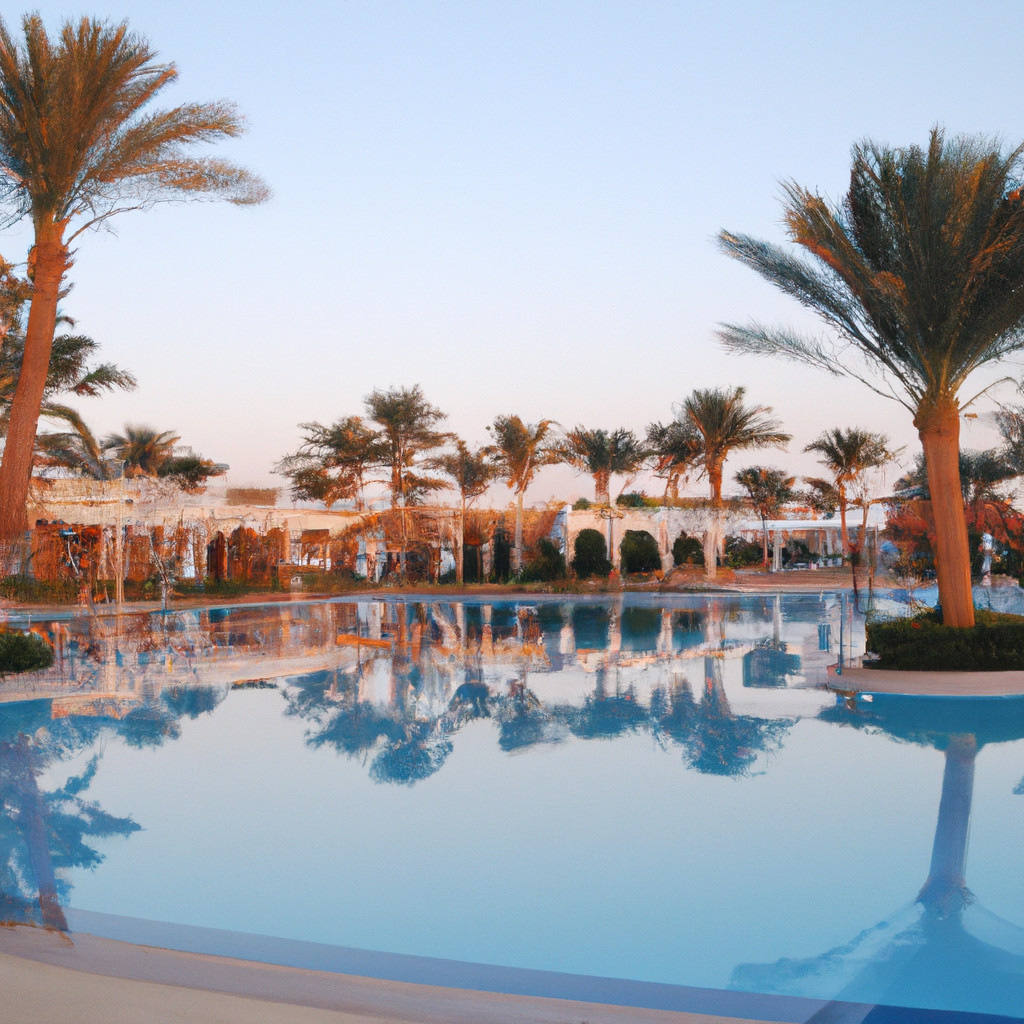 Serene pool surrounded by palm trees at sunset.