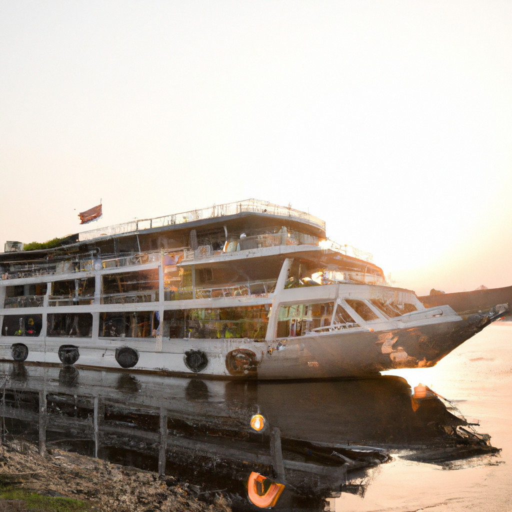 Abandoned boat by the river at sunset.