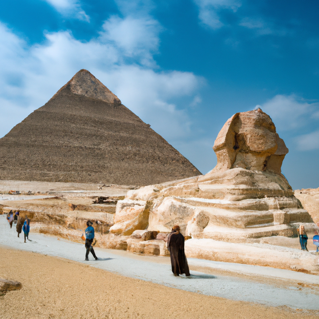 Sphinx and pyramid against a clear blue sky.