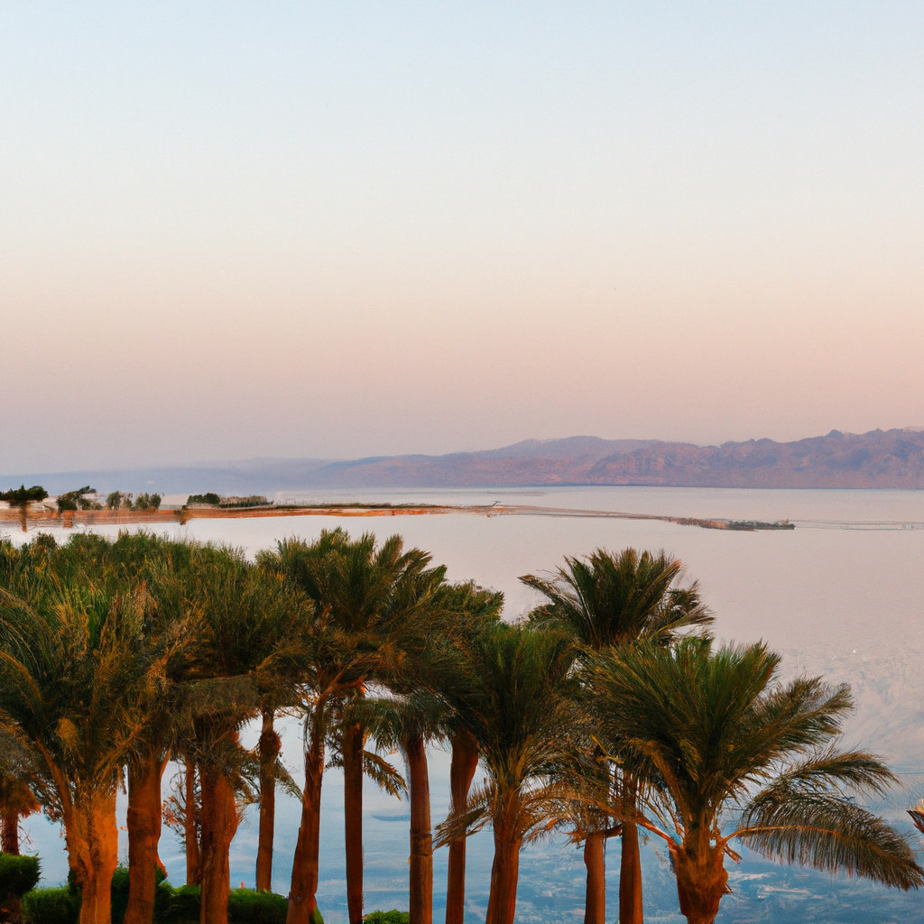 Palm trees by a serene lakeside at sunset.