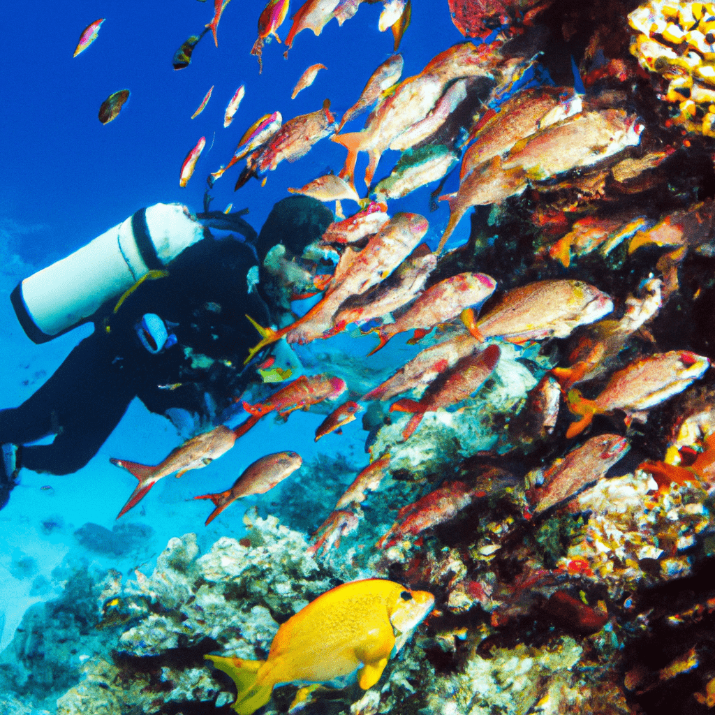 Diver surrounded by colorful tropical fish underwater.