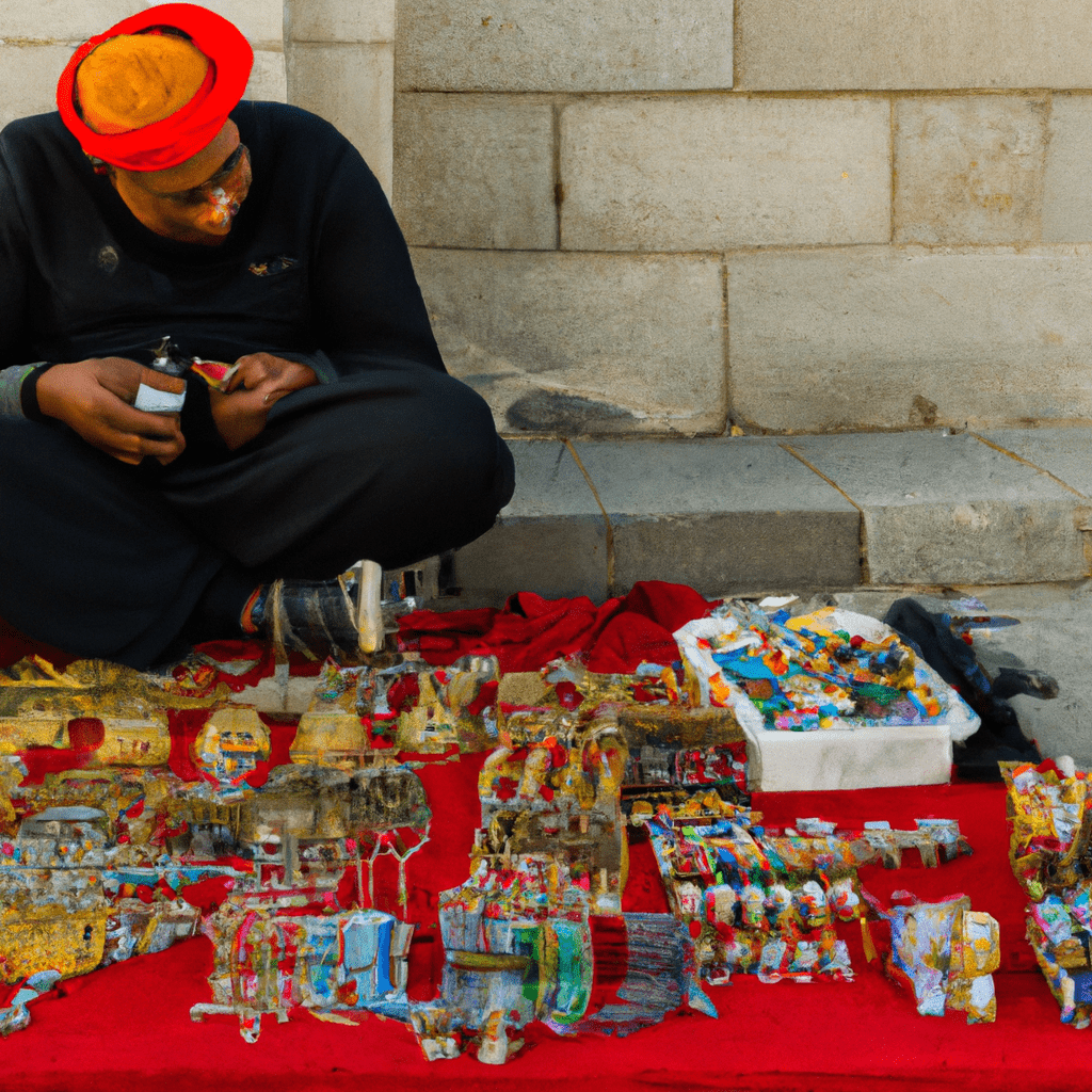 Person crafting colorful items on a red cloth.
