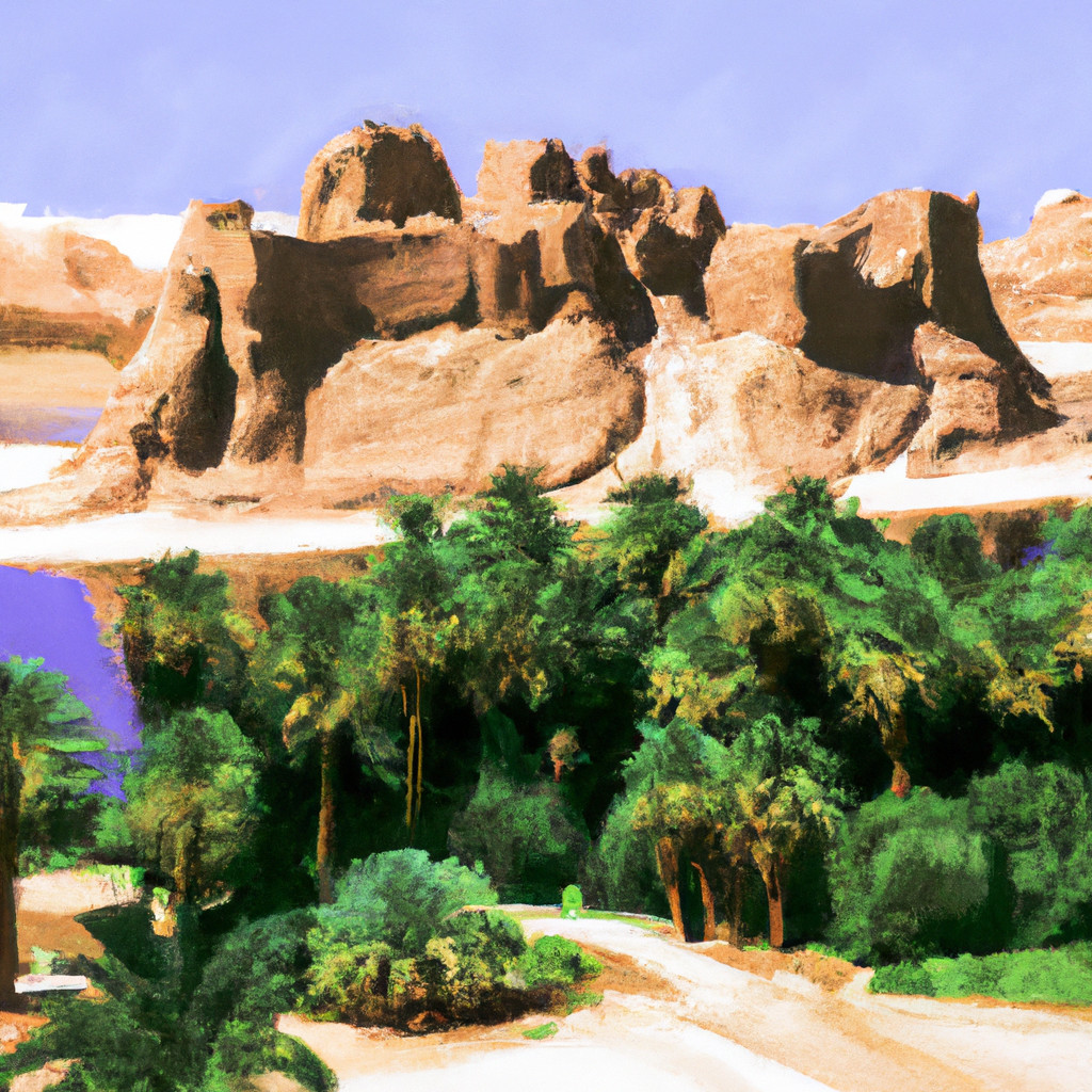 Vibrant landscape with mountains and lush greenery.
