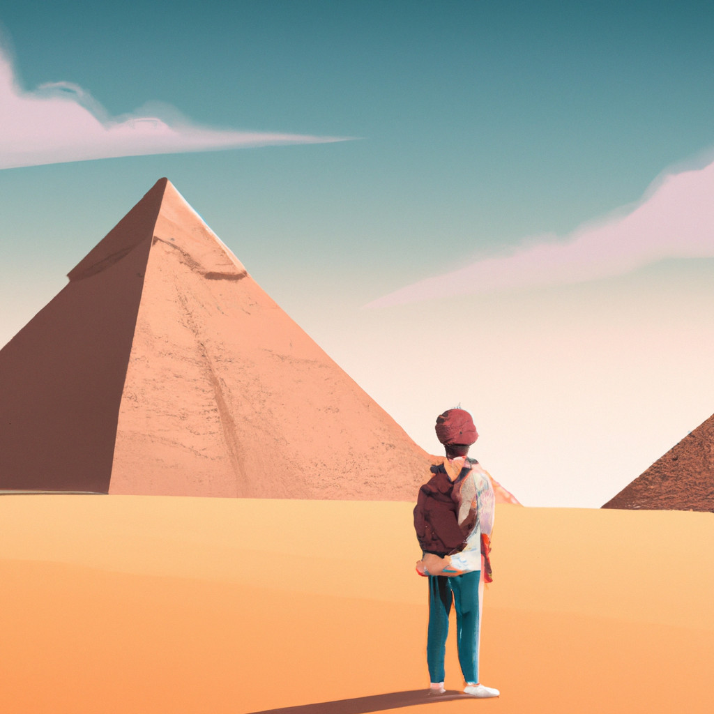 Person gazing at the majestic pyramids in desert.