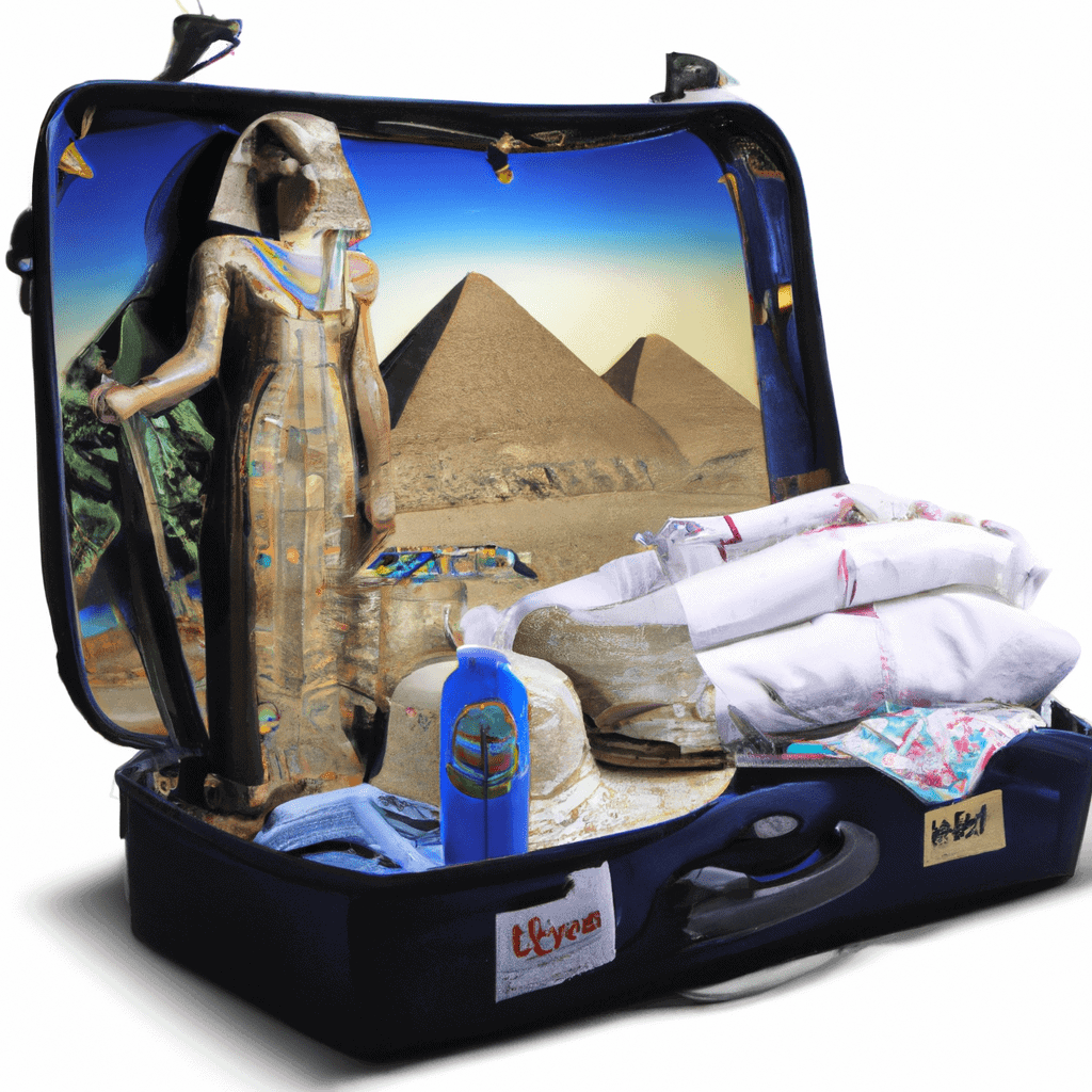 A suitcase featuring an ancient Egyptian theme.