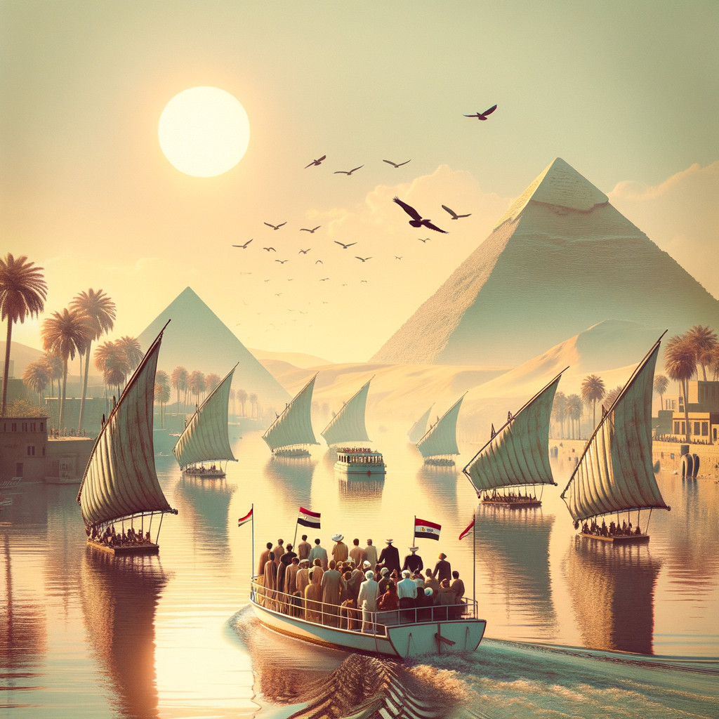 Sailboats on serene river near pyramids at sunset.
