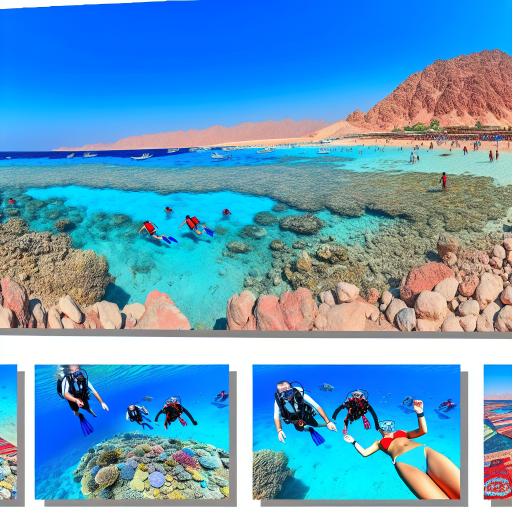 Colorful coral reefs with snorkelers in clear water.