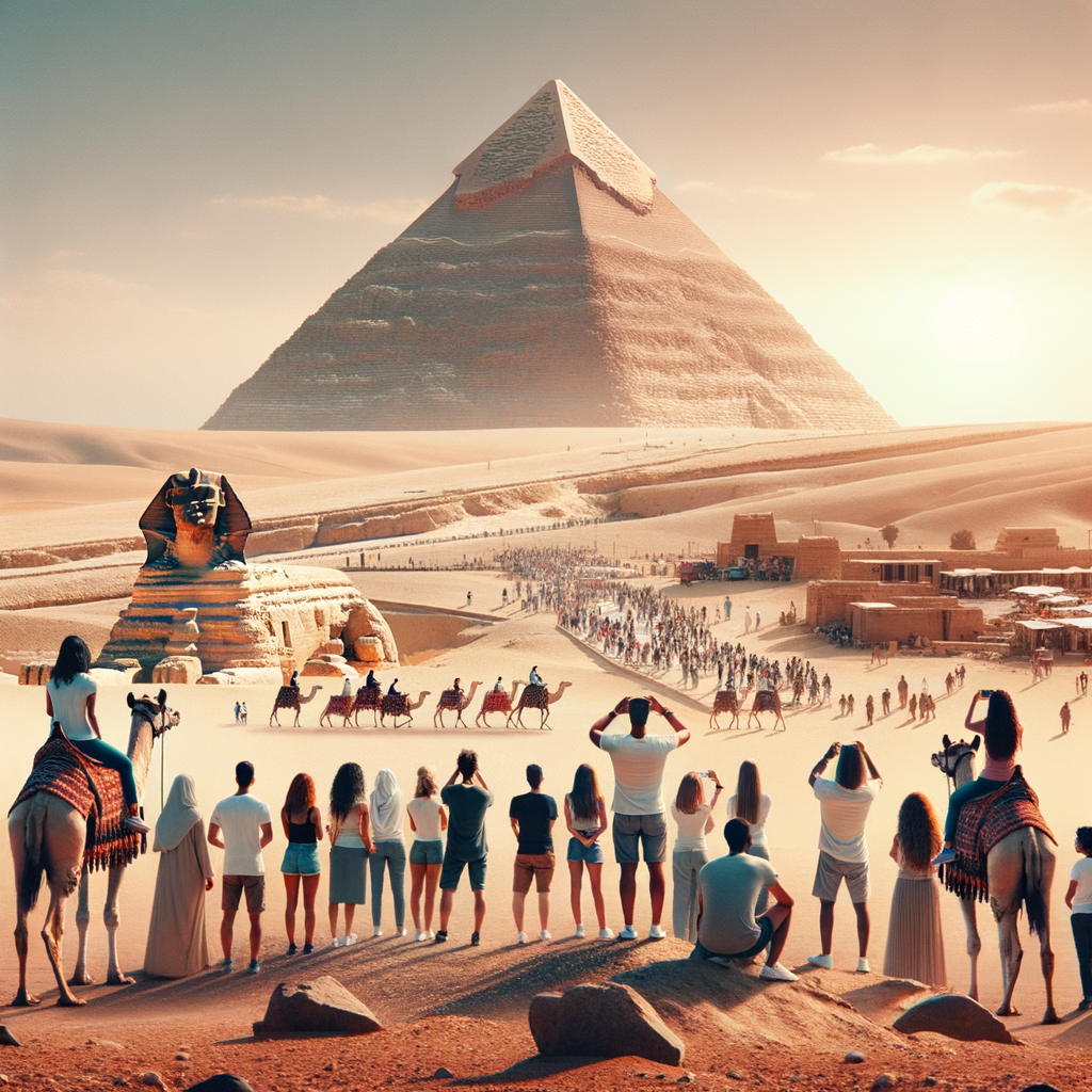 Tourists admire the Great Pyramid of Giza.