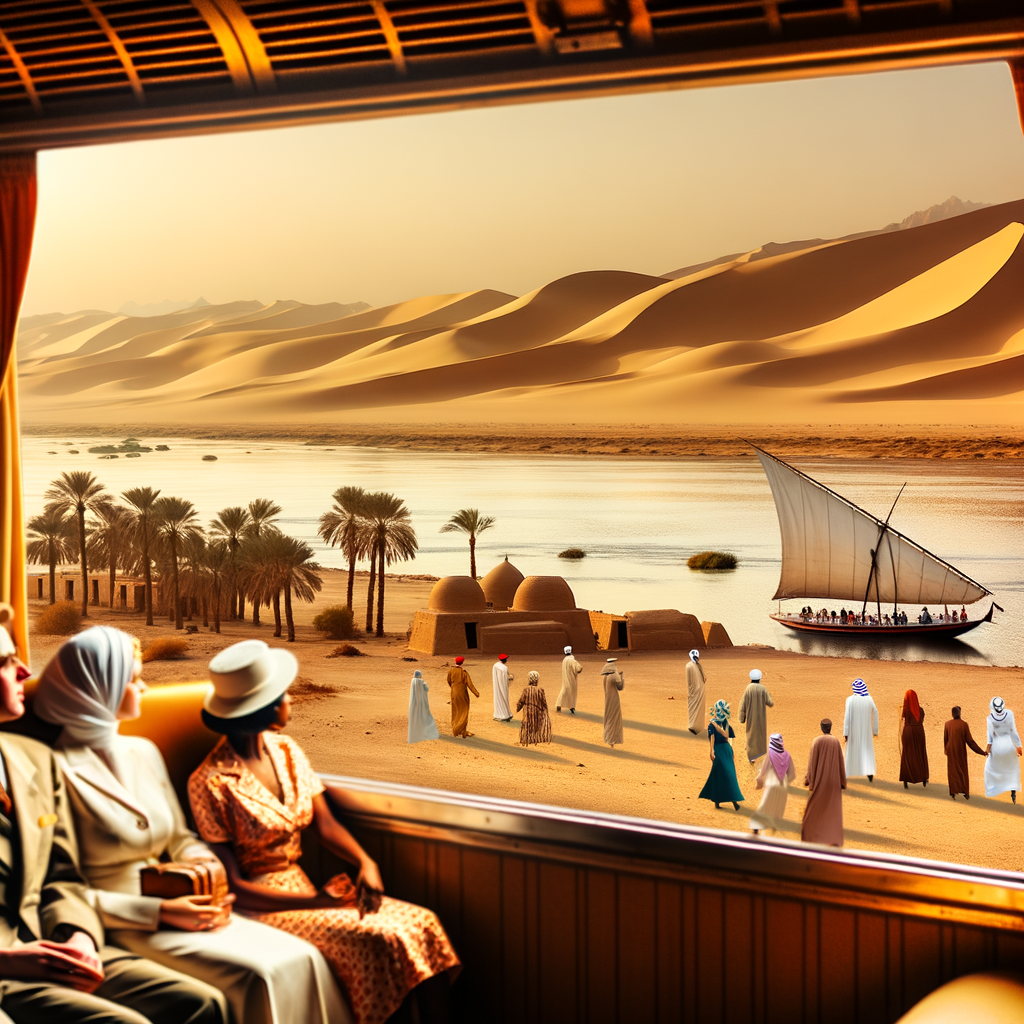 View of desert landscape with palm trees and boat.