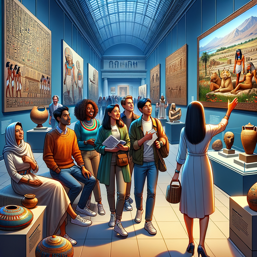 Visitors exploring an ancient art exhibit in a museum.