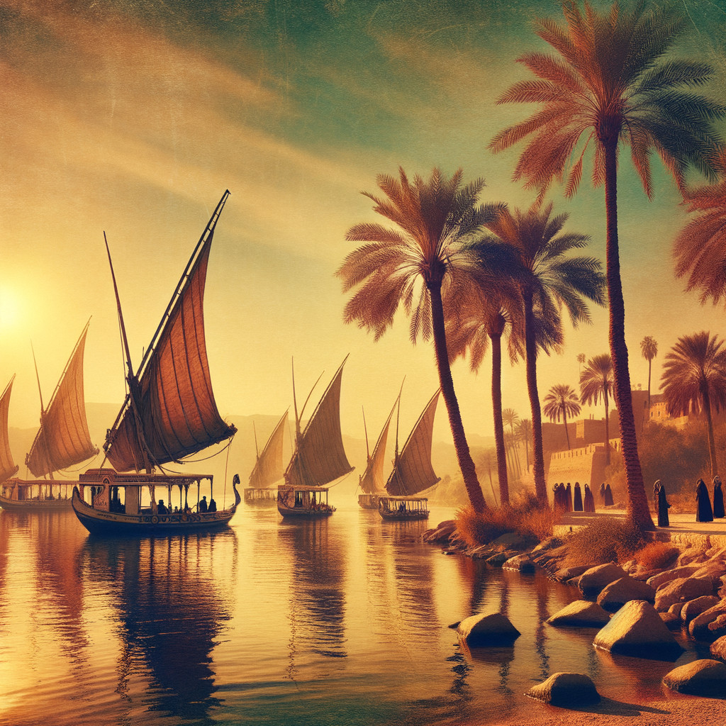 Traditional boats sailing at sunset near palm trees.