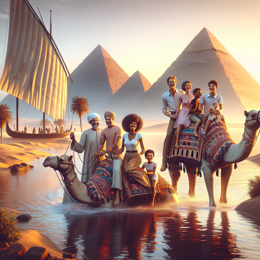 Family riding camels near Egyptian pyramids at sunset.