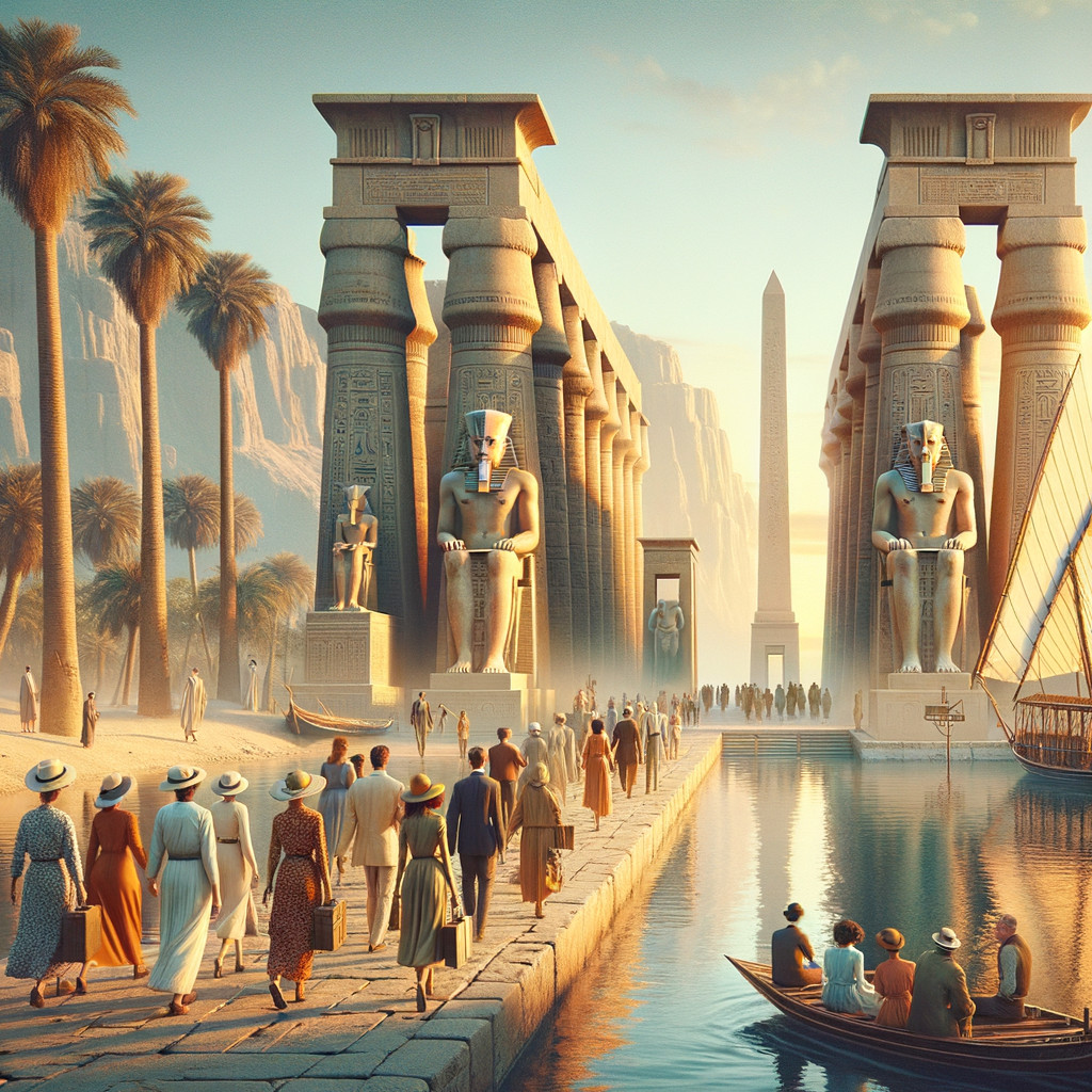 People walking near ancient Egyptian architecture and statues