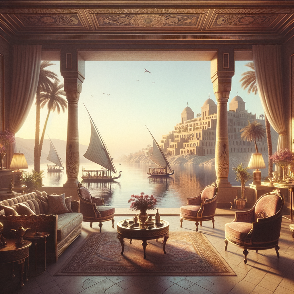Luxurious room overlooking a serene waterway and boats.