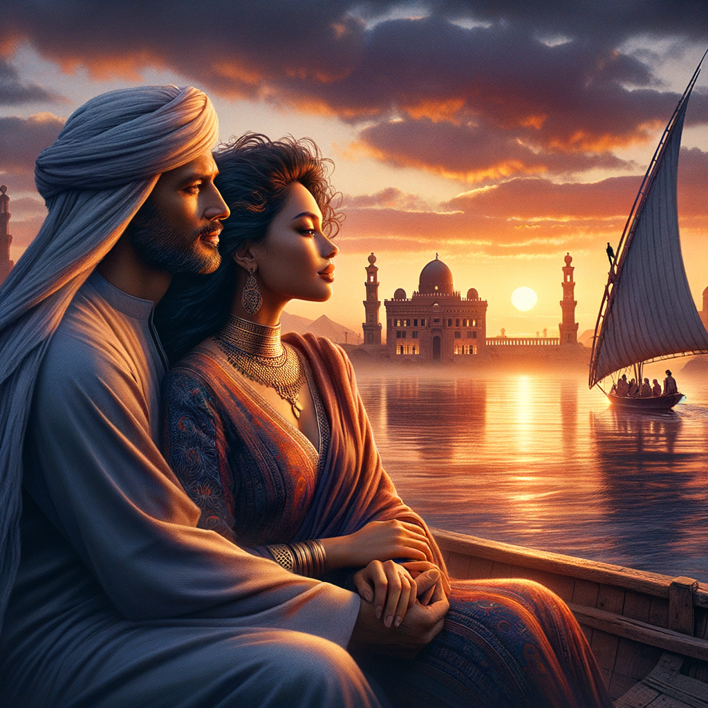 Couple watching sunset by a serene lake.
