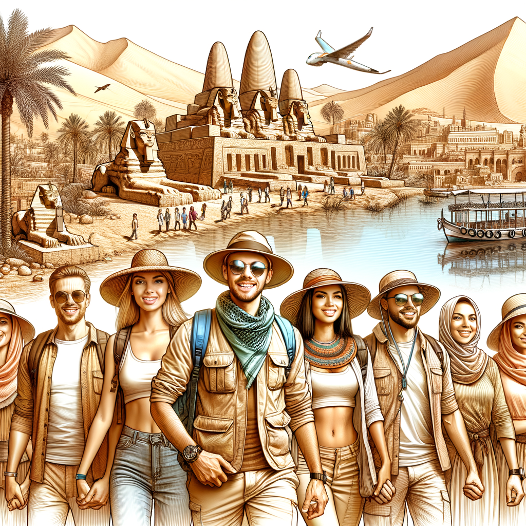 Group of travelers at an ancient Egyptian site.