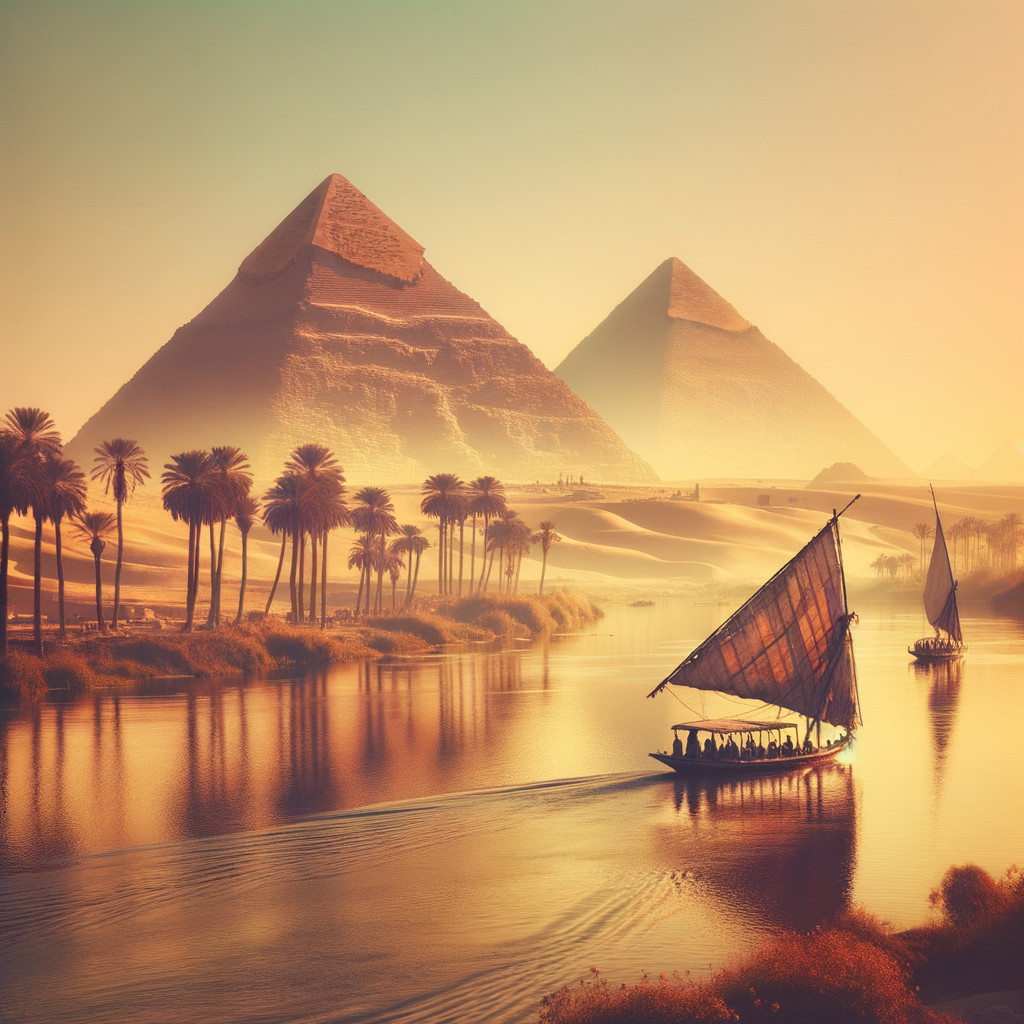 Sailing boats near ancient pyramids at sunset.