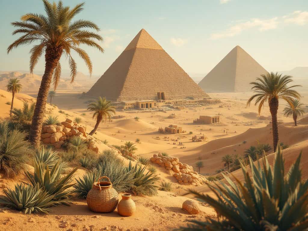 Pyramids in desert with palm trees and pottery.