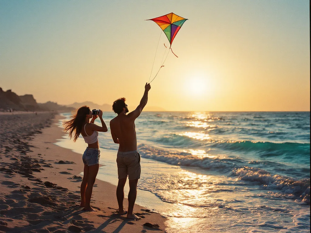 Couple flying a colorful kite at sunset beach.