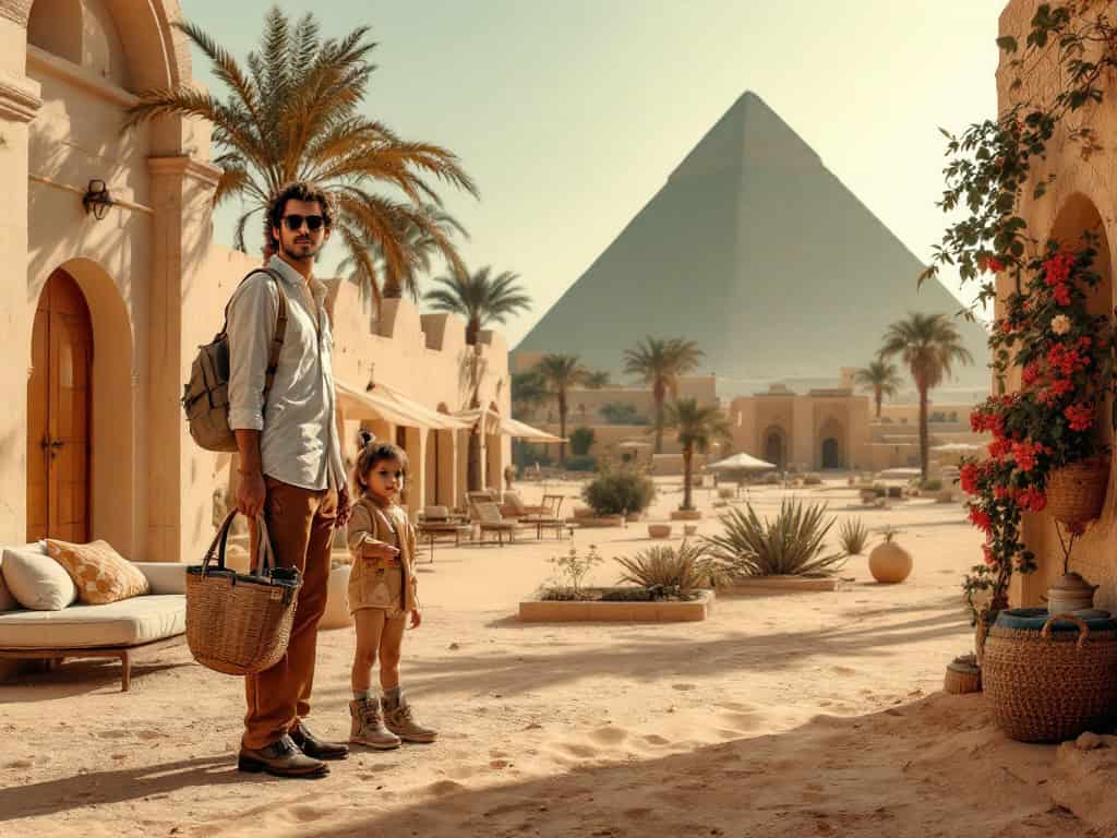 Tourists near the Great Pyramid of Giza.