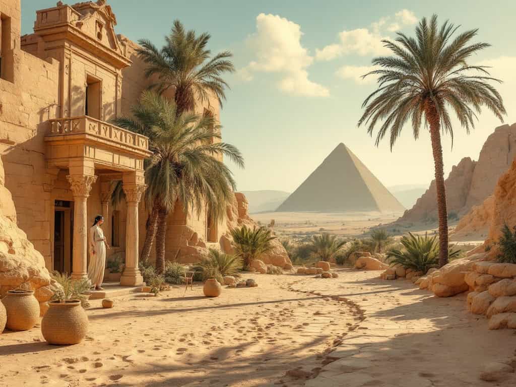 Desert scene with pyramids and palm trees.