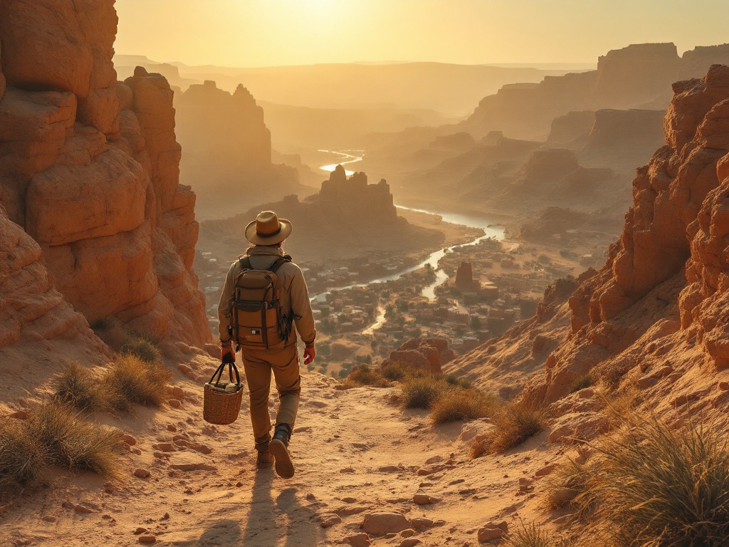 Hiker walking on a canyon trail at sunset.