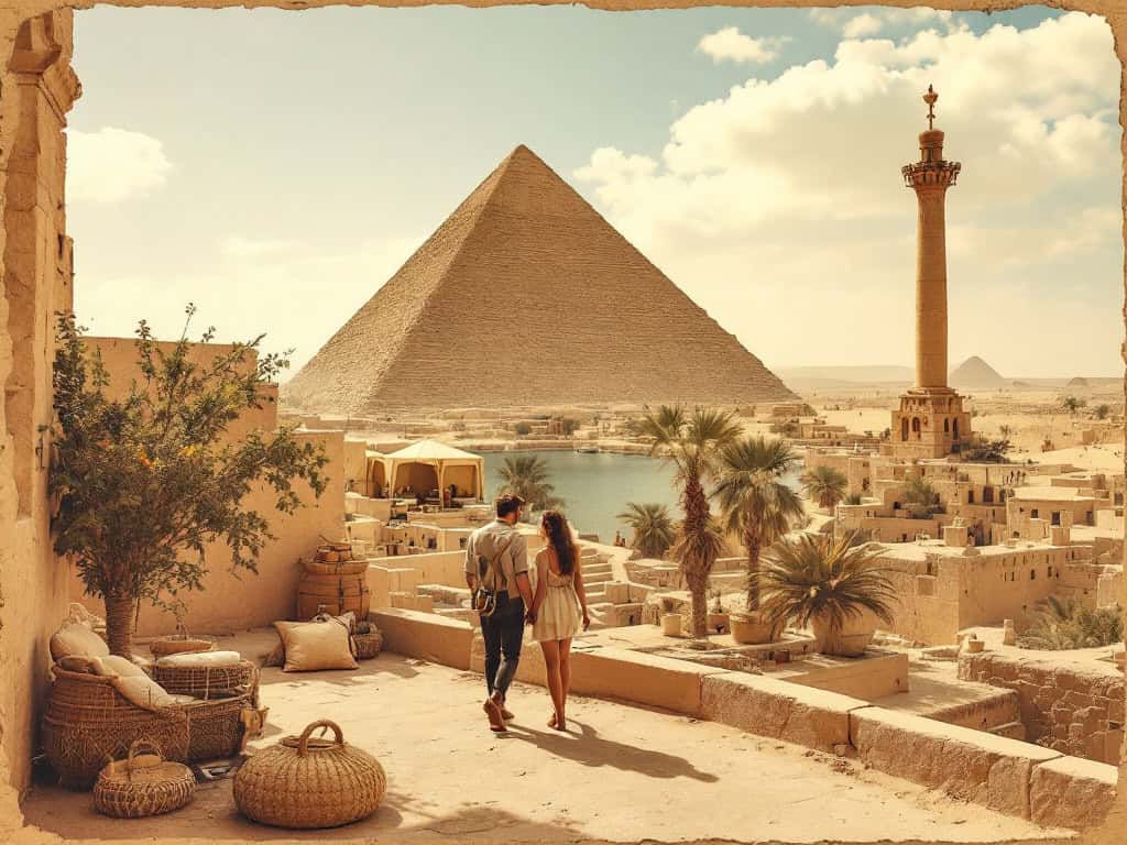 Couple walking near the Great Pyramid of Giza.