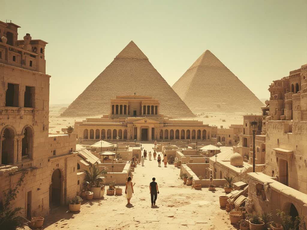 View of ancient pyramids in desert landscape.