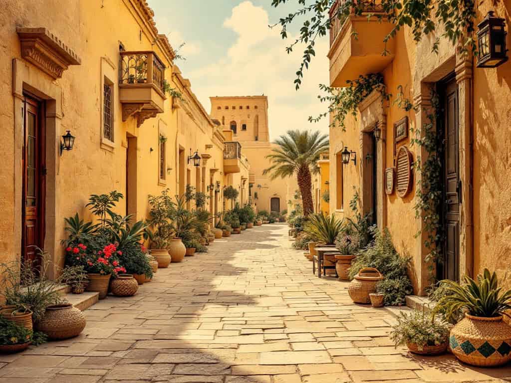 Charming street lined with potted plants and buildings