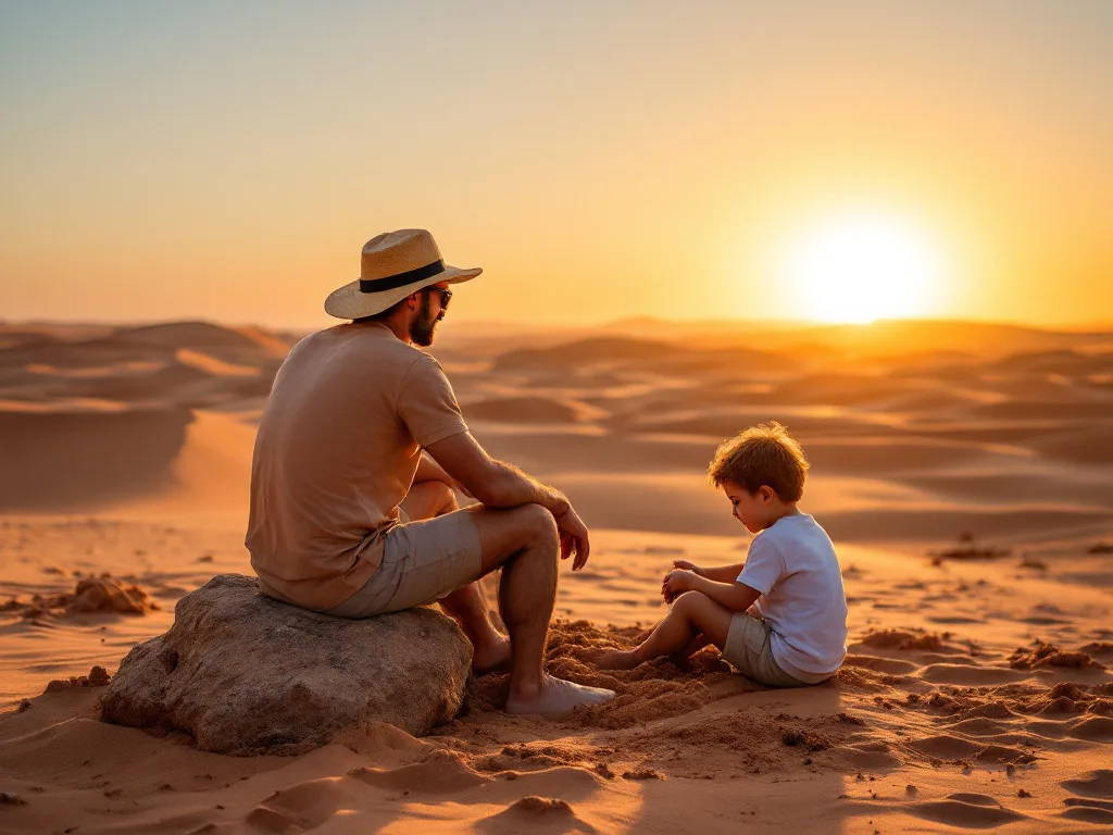 Father and son enjoying a sunset in the desert.