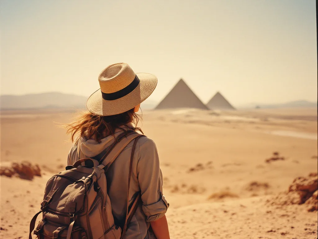 Person observing pyramids in a desert landscape.