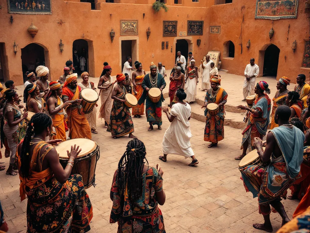 Group celebrating with drums and traditional attire.